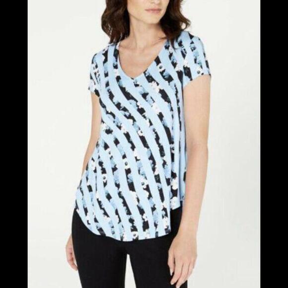 ALFANI Womens Light Blue Printed Short Sleeve V Neck T-Shirt Size: S Small NWT - Picture 1 of 10